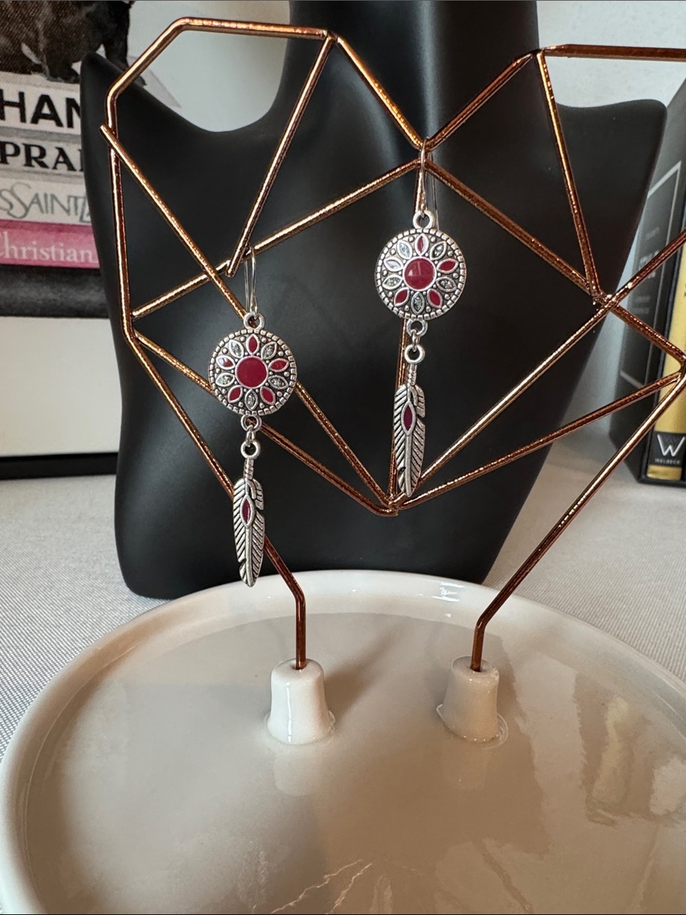 Fashion Jewelry Silver-Tone Feather Dangle Earrings with Red Accents